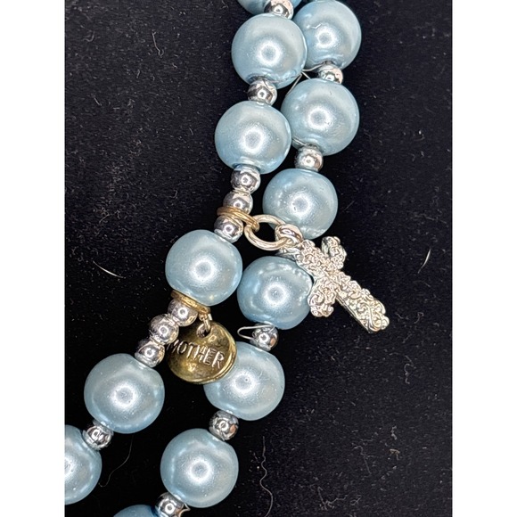 Blue Pearl Religious Rosary Necklace Charm Accents Mother Pray Crown Cross Angel - Picture 6 of 10
